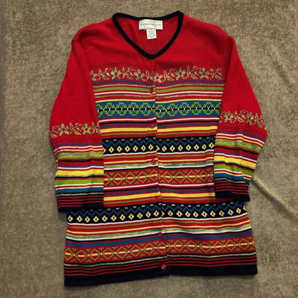 Evan Picone Vintage 100% Cotton Red Knit Cardigan, Size L